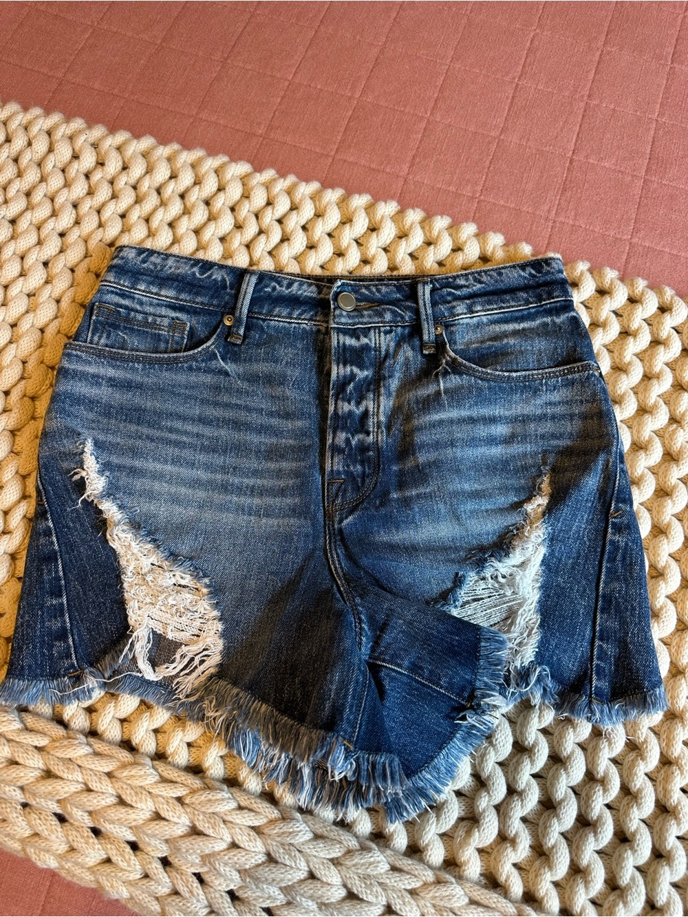 Good American Distressed Dark Blue Denim Mini Skirt